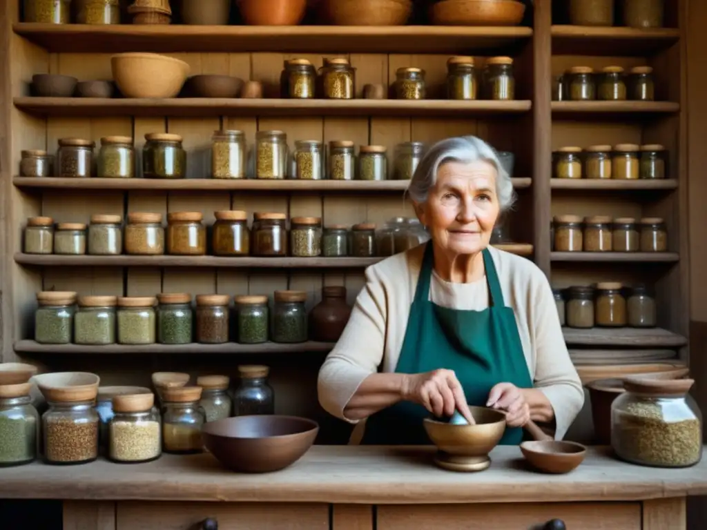 Sabiduría ancestral y remedios naturales Mujer mayor en cocina rústica con alimentos curativos tradicionales, transmitiendo sabiduría y herencia