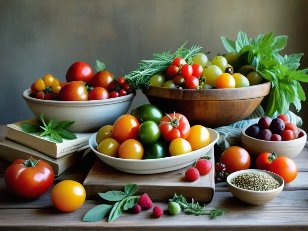 Alimentos curativos y sabiduría ancestral Beneficios de los alimentos curativos tradicionales: mesa rústica con frutas, verduras, hierbas y libro de recetas antiguas