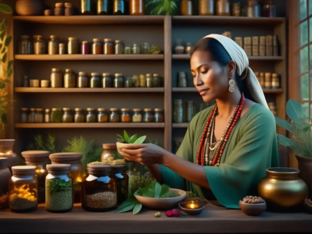 Curandera ancestral preparando remedios naturales Mujer ancestral de la medicina rodeada de suplementos naturales para bienestar