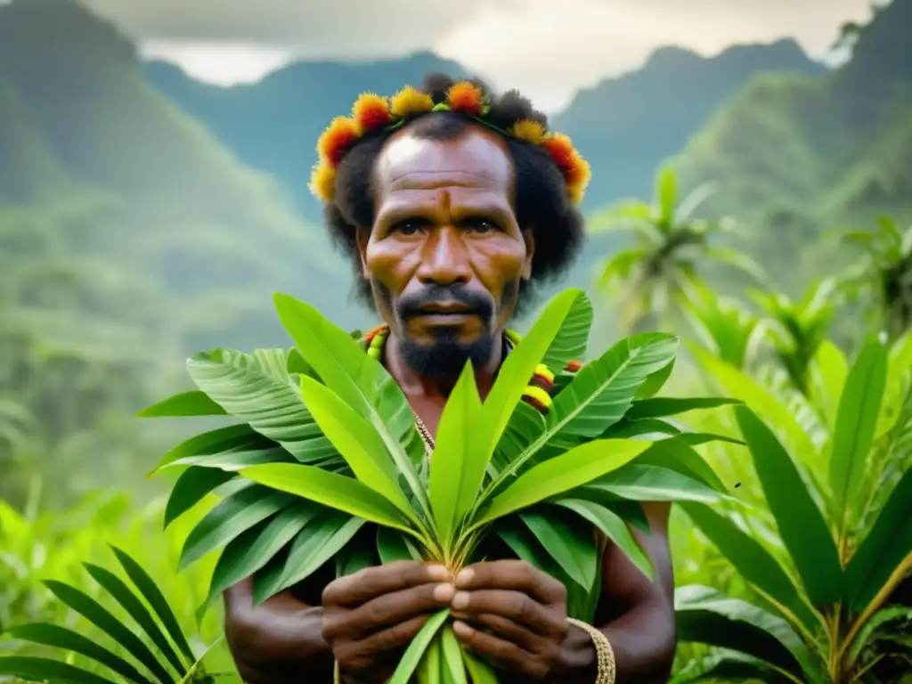 Sanador papú sosteniendo planta Manihot Beneficios curativos de la Manihot Esculenta en Papúa: imagen de un sanador local sosteniendo una planta vibrante en un exuberante paisaje de Papúa