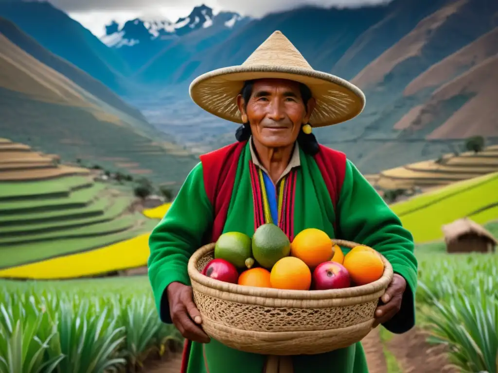 Agricultor Andino con frutas de aguaymanto Agricultor andino con cesta de aguaymanto: Propiedades medicinales del superalimento andino