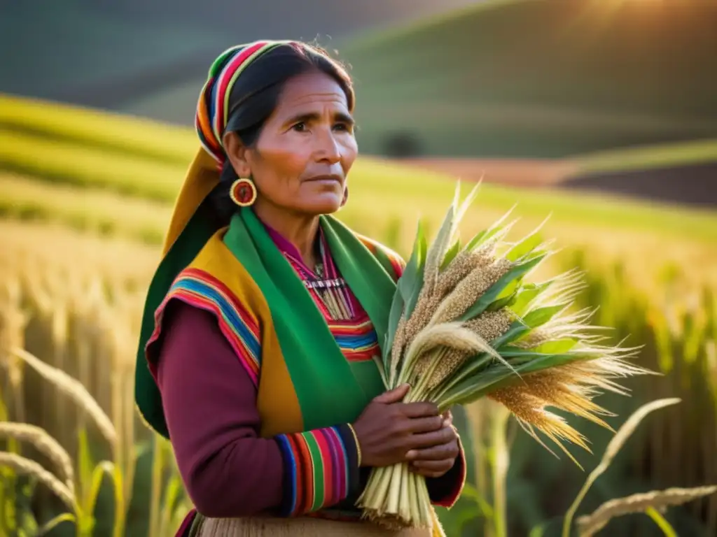 Tradicional mujer andina en campo de quinoa Mujer andina en campo de quinoa, muestra uso y beneficios de este ancestral grano