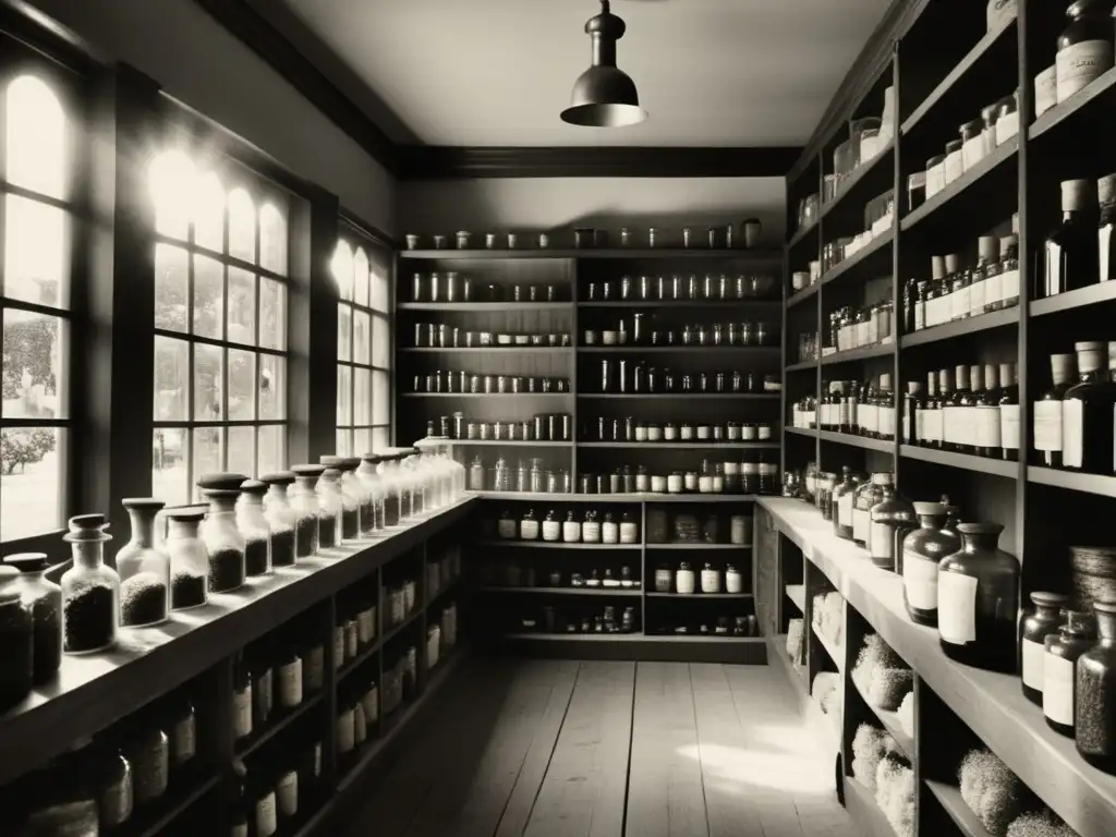 Interior de una antigua botica tradicional Interiores de una botica tradicional con hierbas secas y botellas de vidrio, evoca nostalgia y beneficios de la medicina tradicional