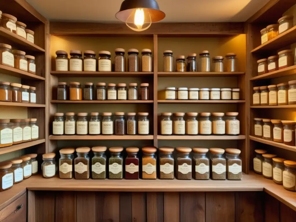 Antigua tienda de hierbas y especias Beneficios suplementos naturales: antigua botica con especias, hierbas y etiquetas históricas en un ambiente cálido y nostálgico