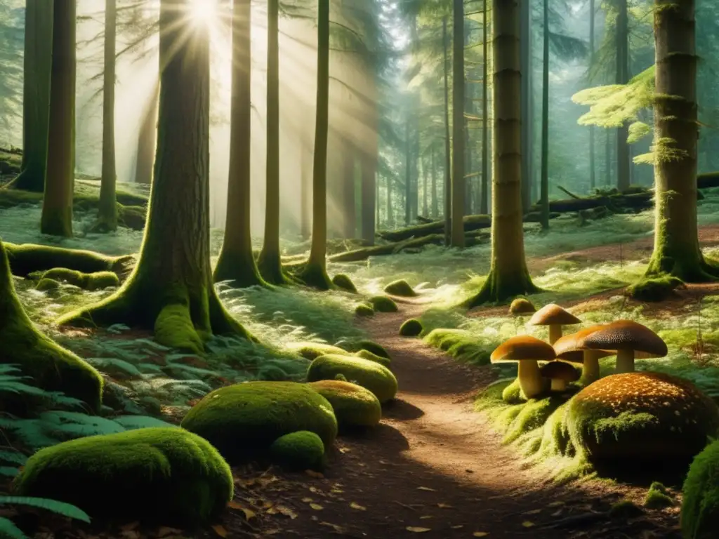 Bosque sereno con árboles majestuosos y setas medicinales Beneficios de hongos medicinales para salud mental: bosque sereno, árboles majestuosos, luz filtrada, hongos variados, beneficios destacados