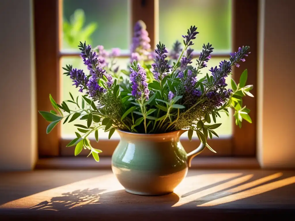Hermoso ramo de tomillo fresco en jarrón rústico Beneficios y usos curativos del tomillo: un hermoso ramo de tomillo fresco en un jarrón rústico, con luz natural