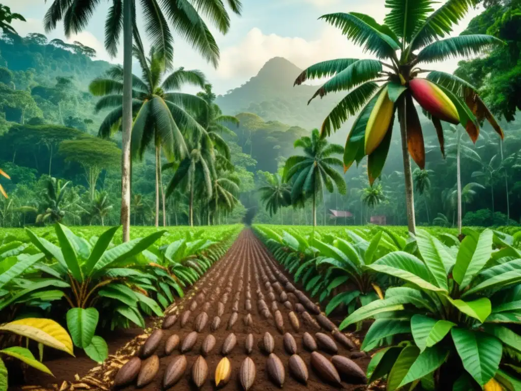 Plantación de cacao vintage en selva tropical Plantación de cacao vintage en exuberante selva tropical, con agricultores locales cosechando