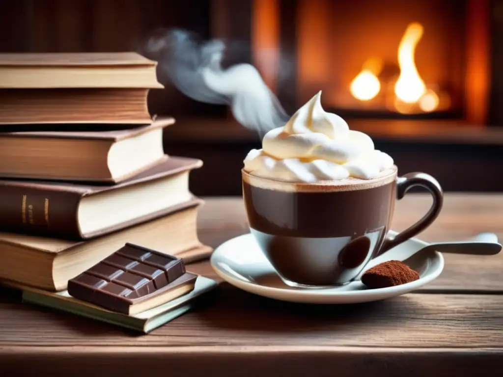 Acogedor café vintage con delicioso chocolate caliente Café acogedor con cacao caliente, libros antiguos y cuchara vintage