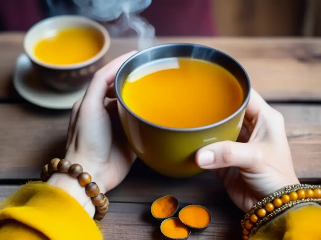 Mano sosteniendo taza de té de cúrcuma Beneficios del té de cúrcuma para la salud: mano sosteniendo una taza de té amarillo con vapor, libros y raíces de cúrcuma en un fondo rústico