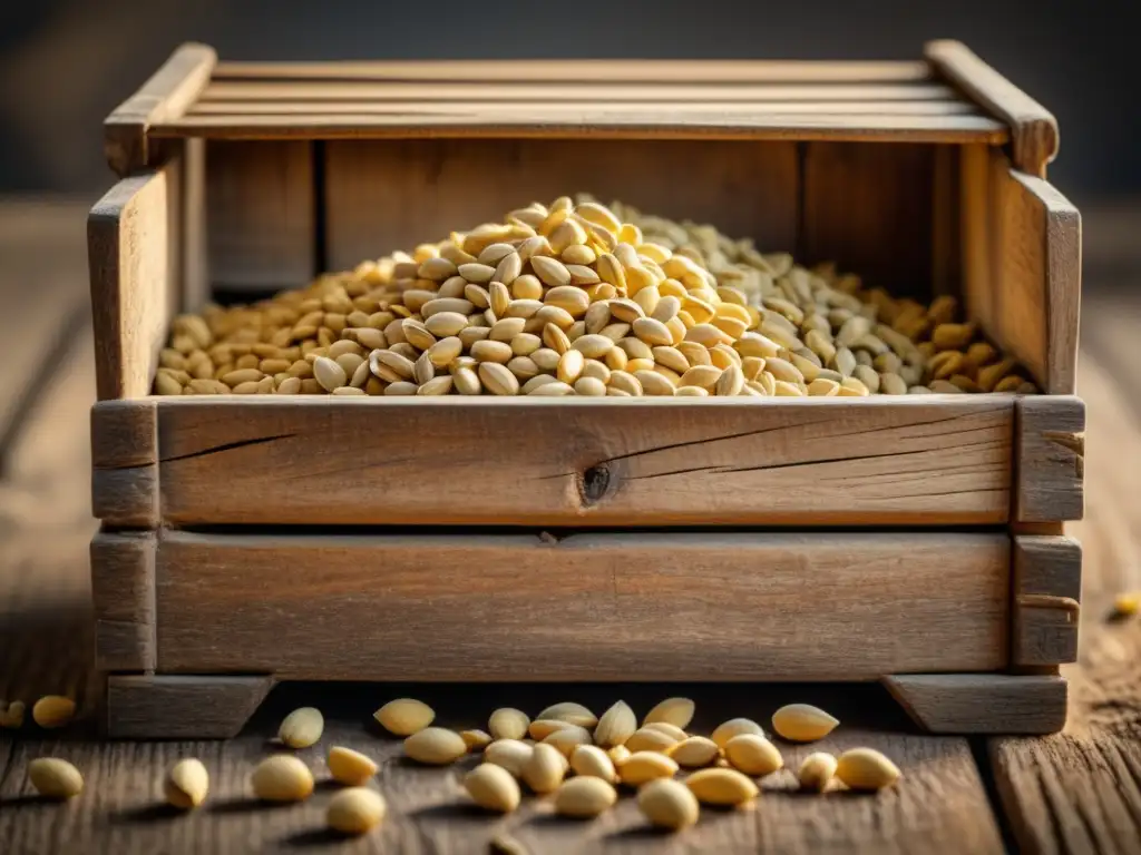 Caja de semillas de fenogreco envejecida Beneficios y usos medicinales del fenogreco en una imagen vintage de una caja de madera con semillas de fenogreco