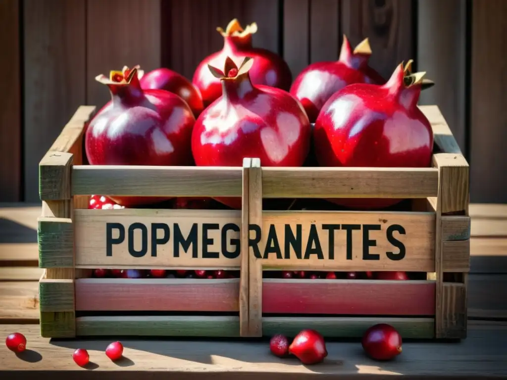 Caja antigua con granadas rojas y jugosas Beneficios del zumo de granada: imagen en alta definición de una caja de madera vintage llena de jugosas granadas rojas