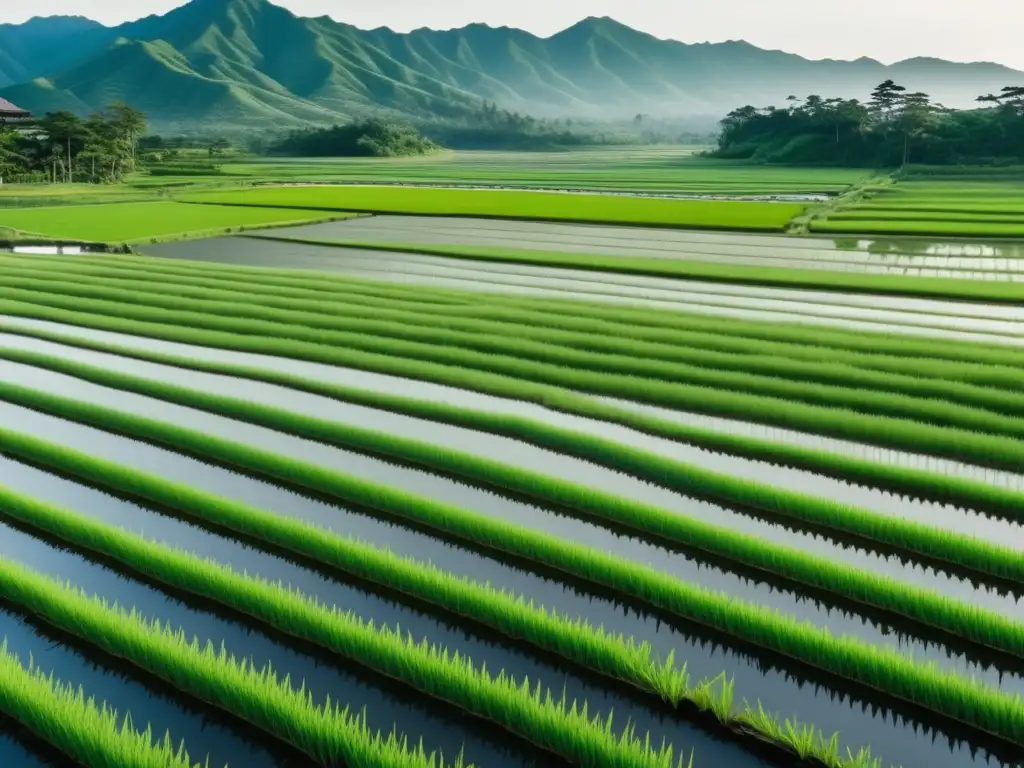 Paisaje sereno de arrozales japoneses Arroz integral japonés: campo de arroz tradicional con montañas de fondo, evocando belleza y tranquilidad
