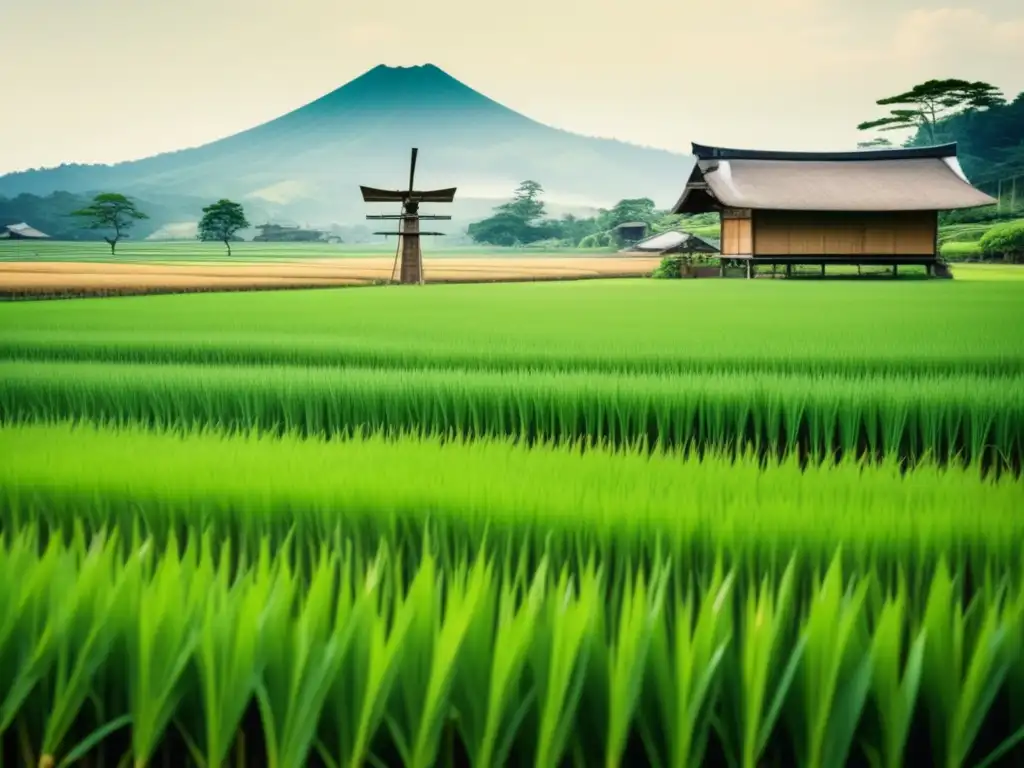 Arrozales tradicionales en Japón Beneficios del arroz japonés: campo tradicional con arrozales verdes, espigas altas y una granja pintoresca