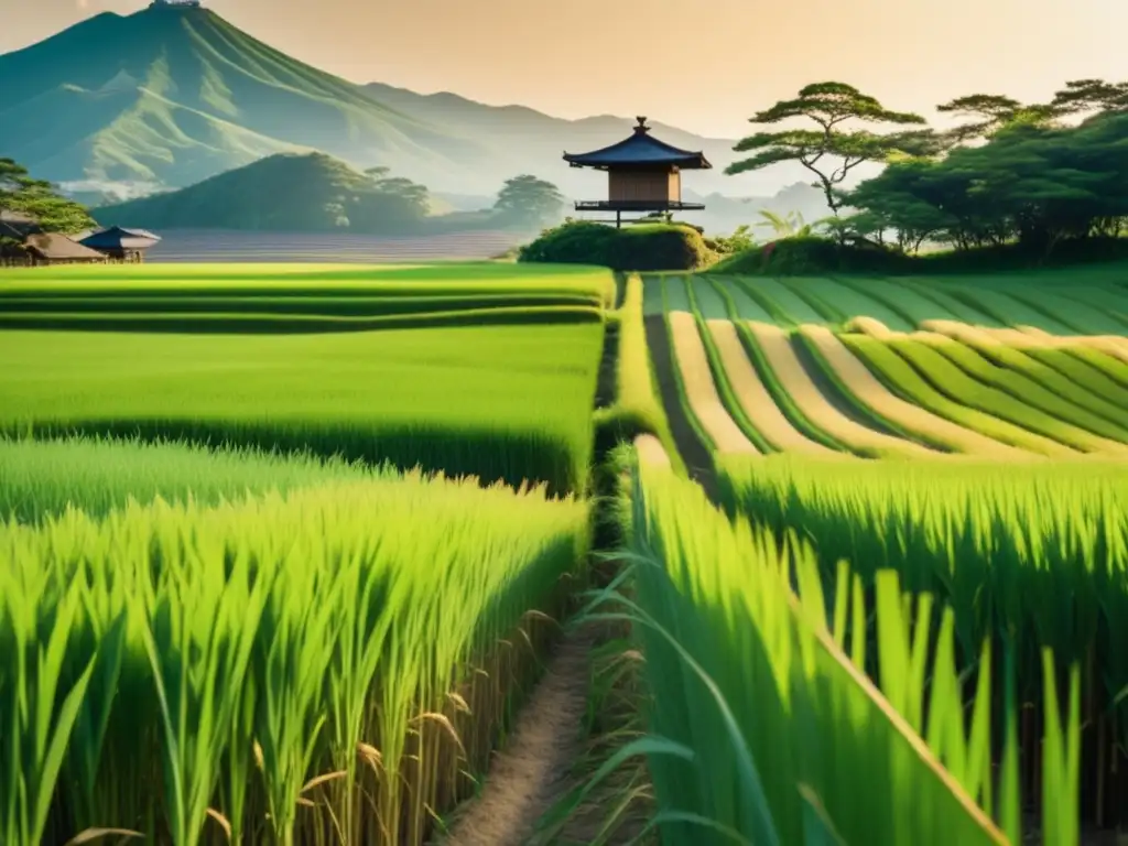 Paisaje tranquilo de arrozal japonés Beneficios del arroz integral japonés en paisaje tradicional con serenidad y belleza