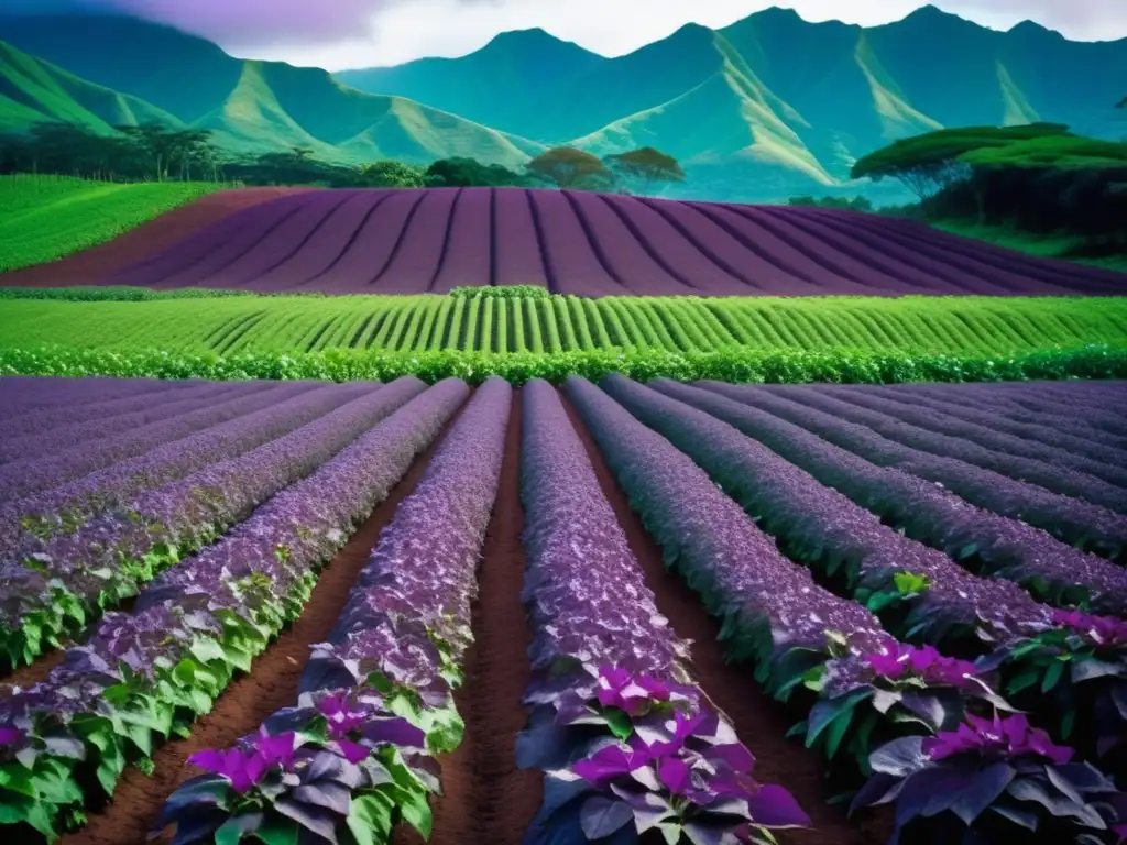 Hermoso campo de batatas moradas en Hawaii Batata morada de Hawaii: propiedades curativas y belleza natural