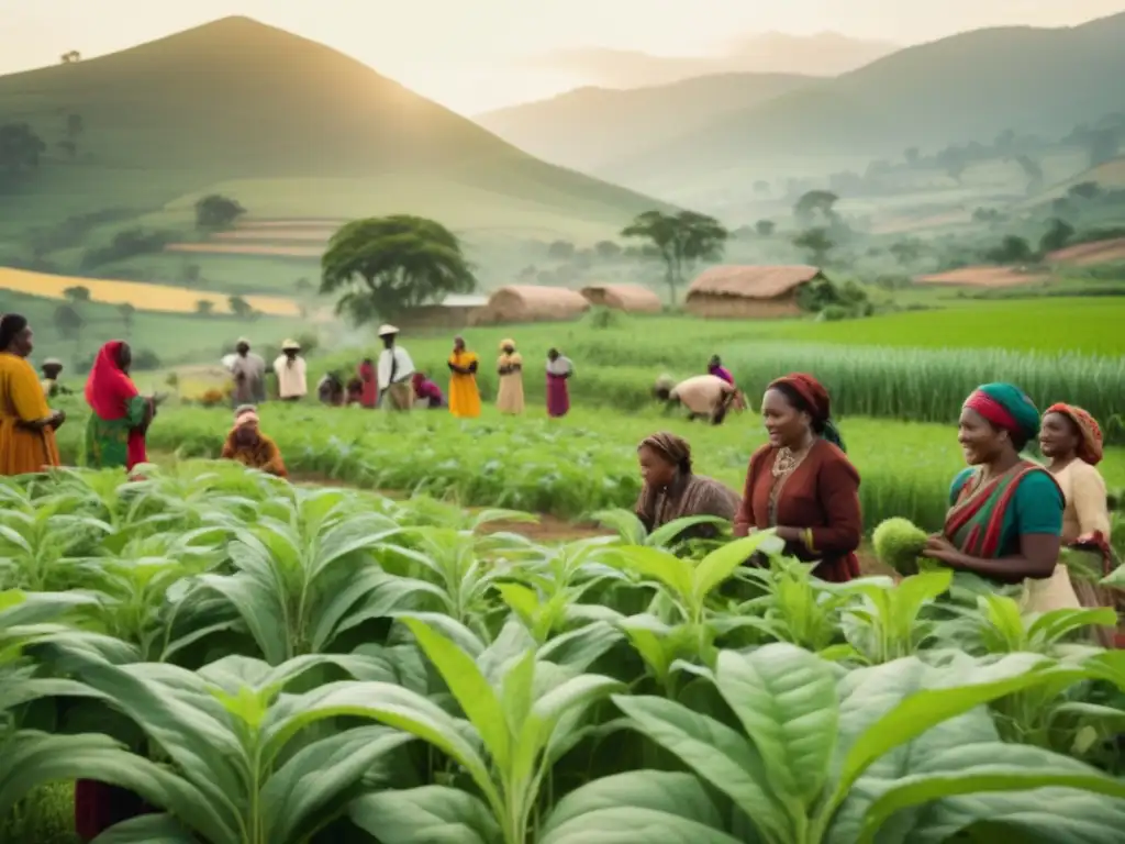 Campo vibrante de plantas curativas y agricultura sostenible Beneficios de alimentos curativos tradicionales en una vibrante comunidad agrícola sostenible
