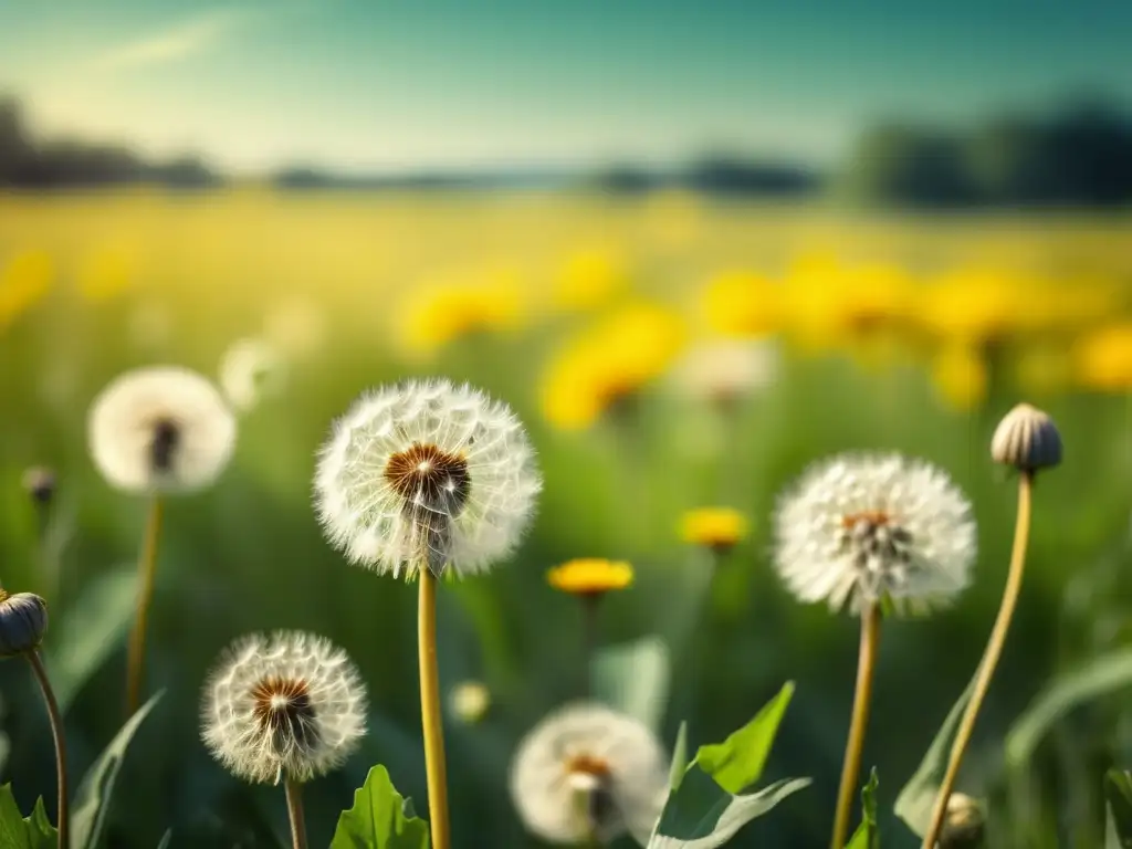 Campo sereno lleno de dientes de león Beneficios del té de diente de león para detoxificación: campo sereno con dientes de león vibrantes