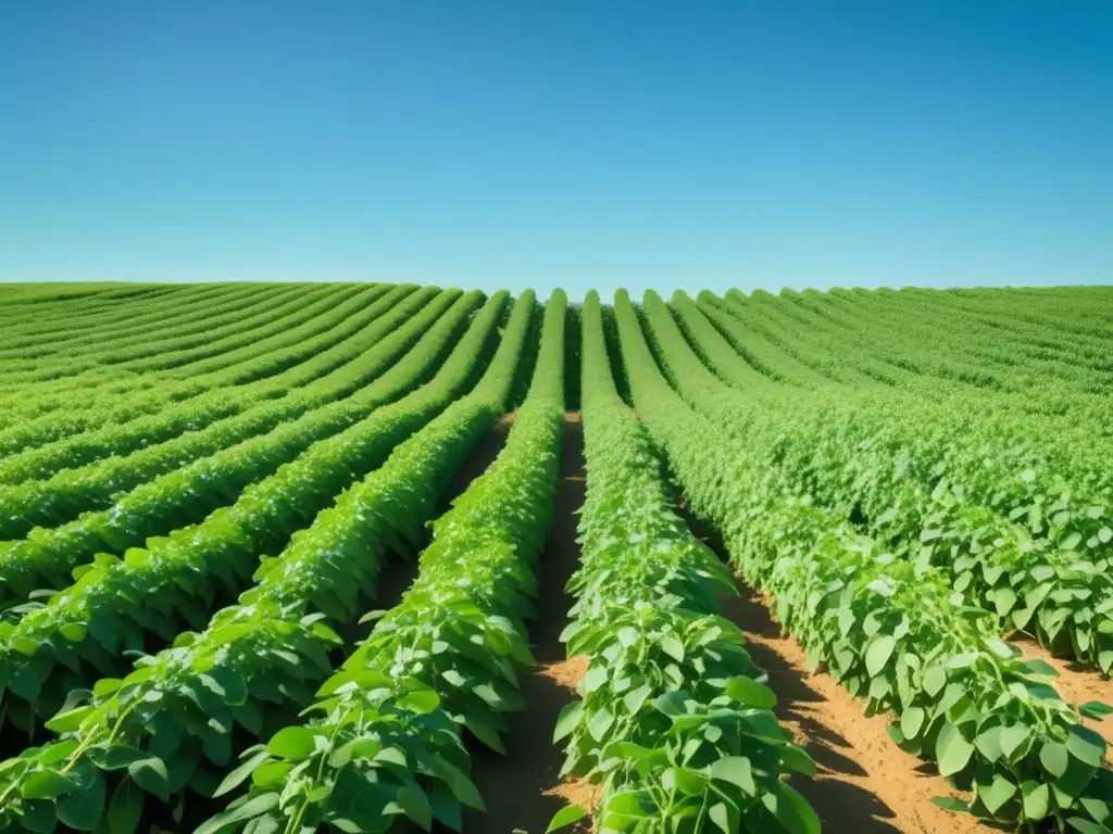 Campo verde de edamame vibrante bajo cielo azul Propiedades curativas del edamame en un campo vibrante y saludable bajo un cielo azul claro, capturando su belleza y vitalidad