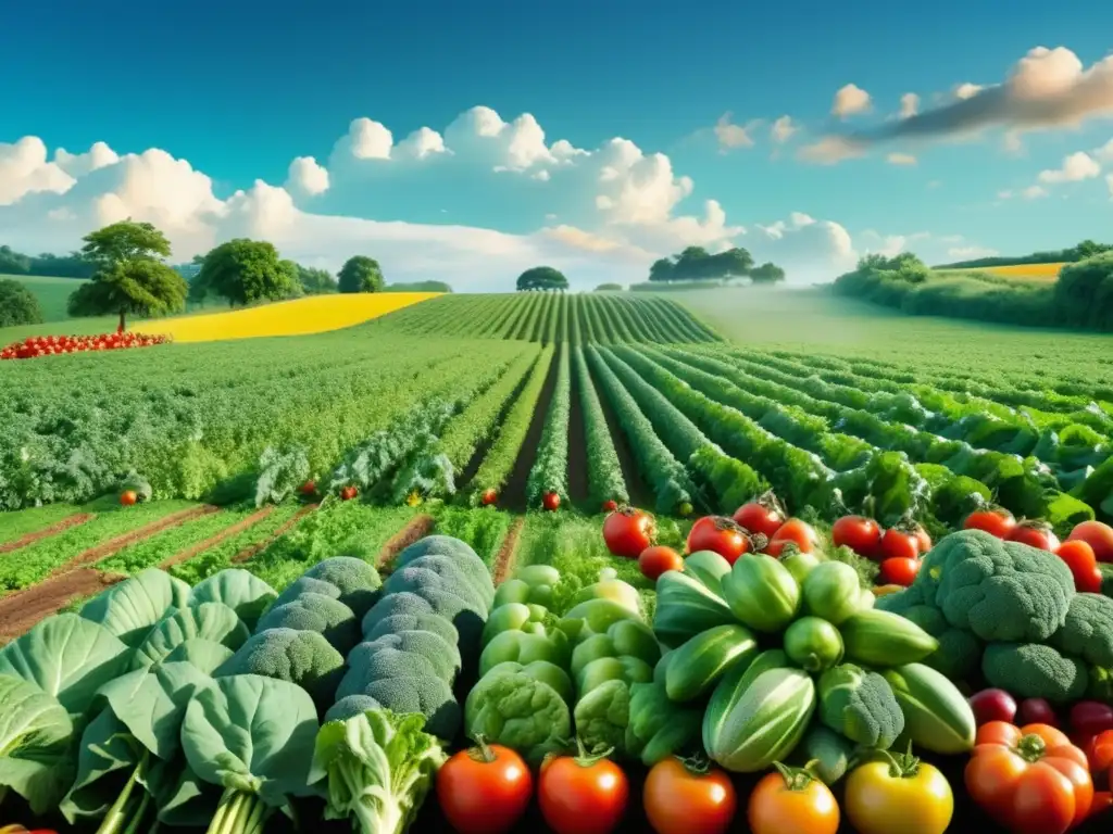 Campo verde abundante con frutas y verduras coloridas Alimentos tradicionales con propiedades curativas en campo verde con frutas y verduras vibrantes