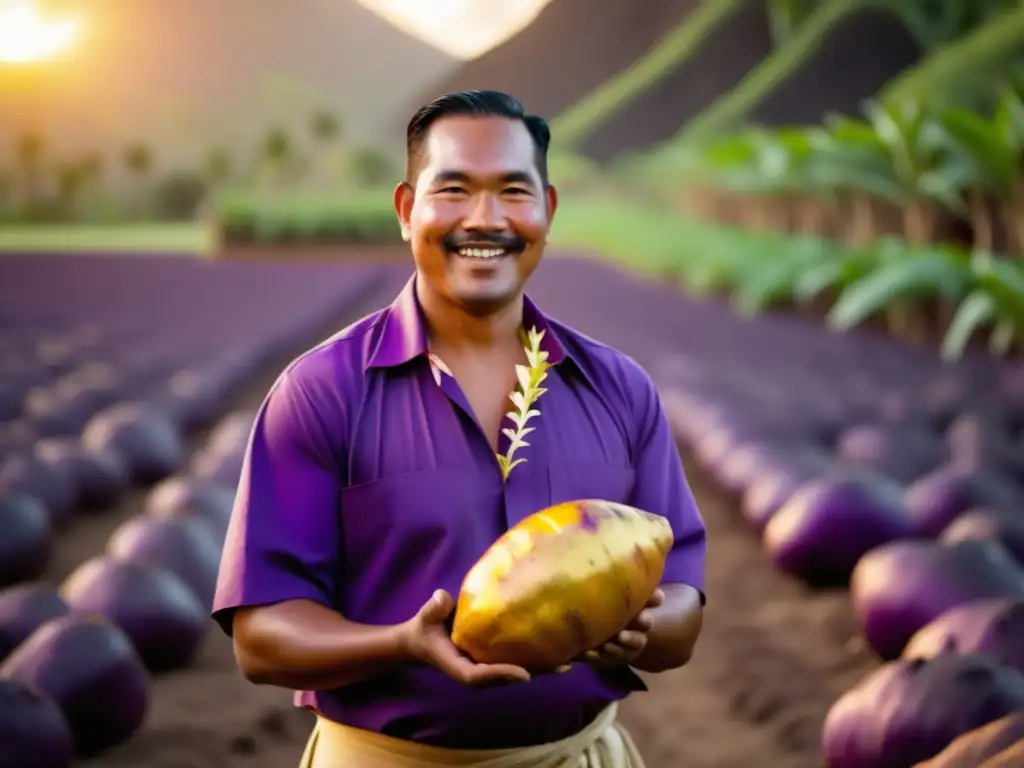 Campo hawaiano: Agricultor sosteniendo batata morada Batata morada de Hawaii: propiedades curativas en paisaje hawaiano