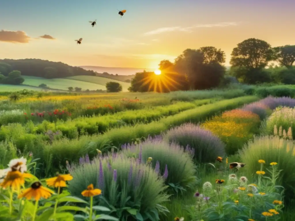 Campo de plantas medicinales: armonía y sostenibilidad Campo de plantas medicinales tradicionales, resplandeciendo al atardecer