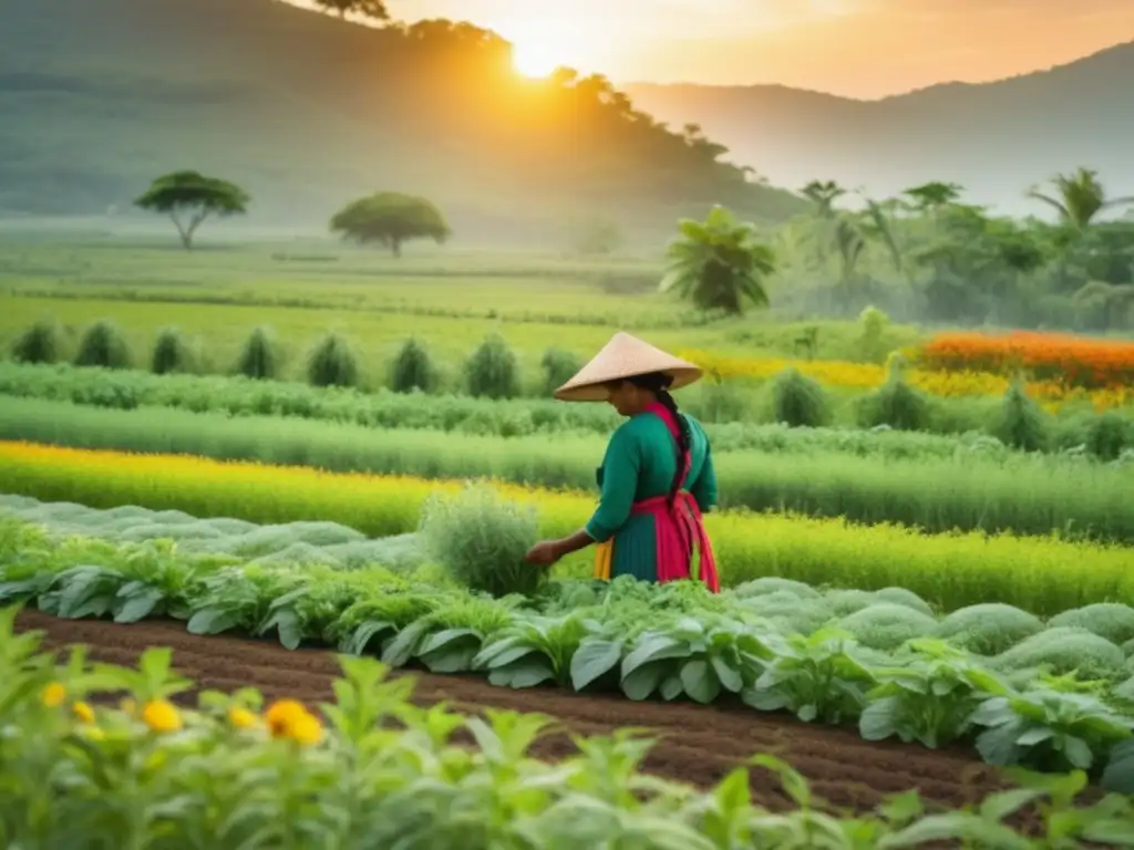 Campo de plantas medicinales y agricultura sostenible Agricultor cuidando plantas medicinales: Beneficios de los alimentos curativos tradicionales