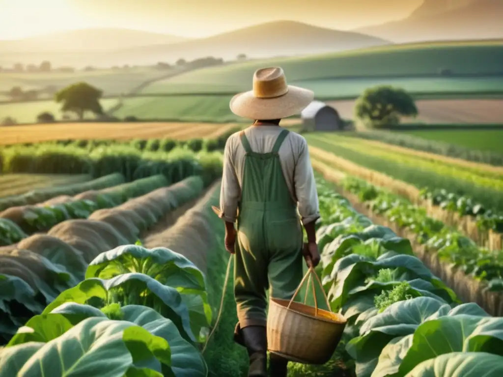 Paisaje sereno: agricultor tradicional y cosecha colorida Paisaje rural sereno con agricultor tradicional y alimentos curativos tradicionales