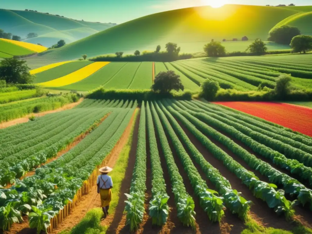 Agricultura sostenible y ecoamigable Agricultura sostenible: campo verde, cultivos vibrantes, agricultor tradicional, alimentos sin químicos
