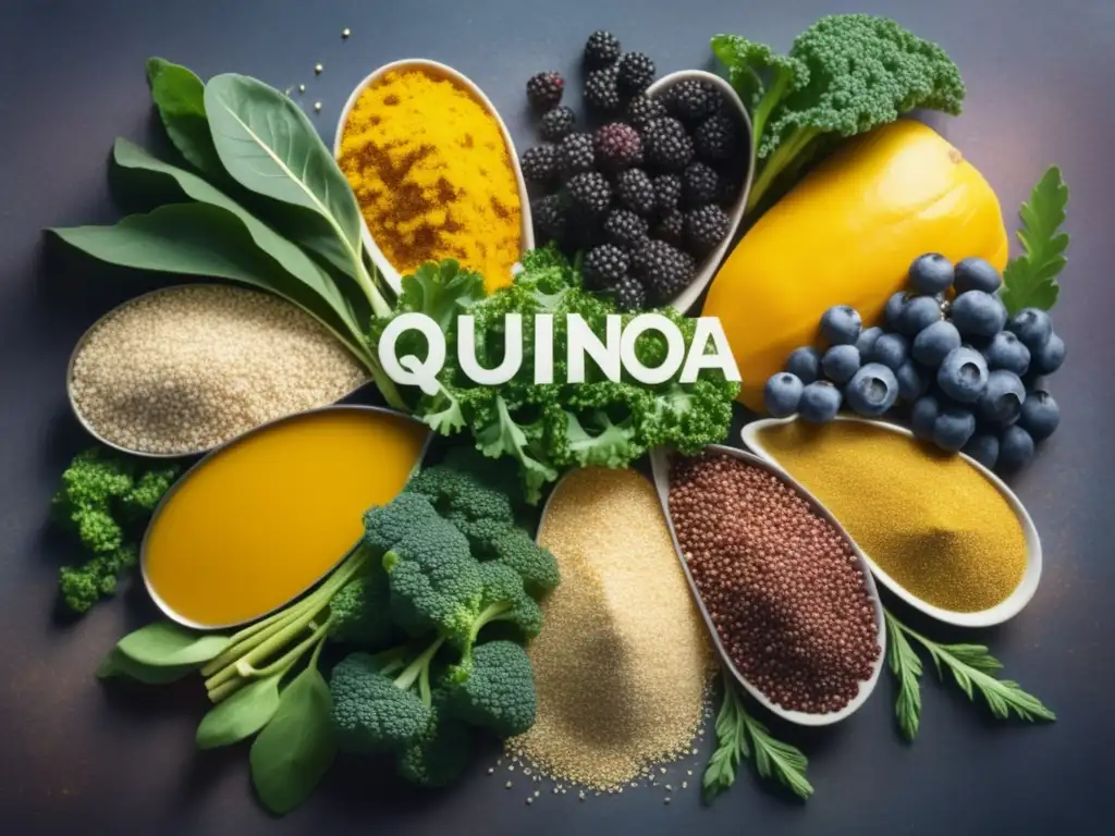 Beneficios y usos de los superalimentos tradicionales: campo vibrante con quinoa, kale, arándanos, cúrcuma y chía