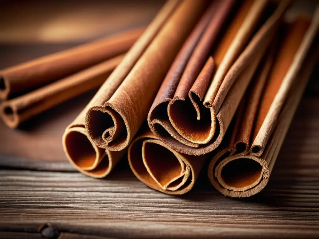 Canela en rama sobre madera rústica Beneficios curativos de la canela: Detalle vintage de ramitas de canela sobre madera rústica