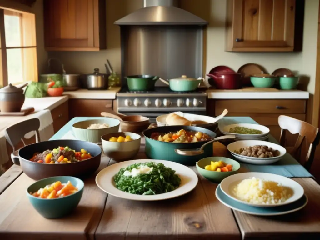 Comida familiar tradicional en cocina rústica