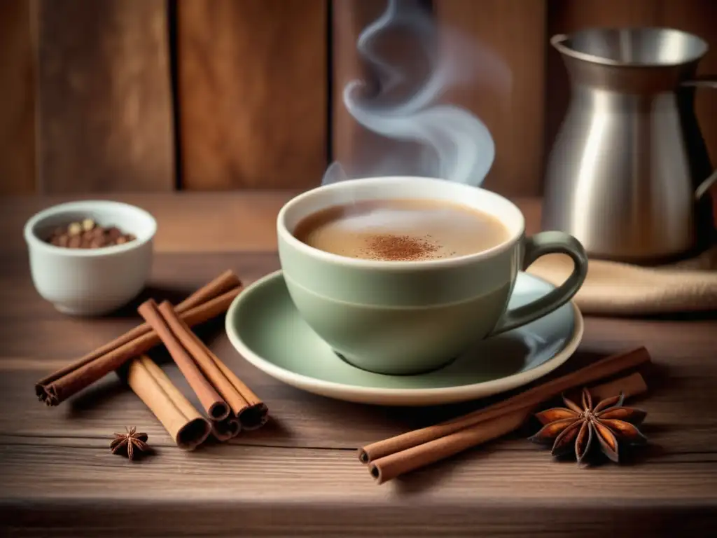 Delicioso té chai con especias y galletas Beneficios del té chai para la salud: imagen evocadora de una taza de chai especiada junto a galletas caseras y una cocina acogedora