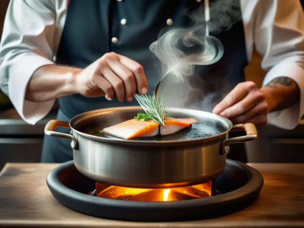 Chef escalfando pescado con destreza Chef escalfando pescado, técnica tradicional con beneficios curativos