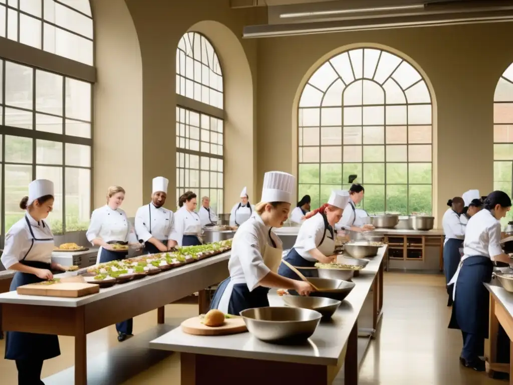 Aula universitaria de gastronomía con alumnos entusiastas Clase gastronomía: estudiantes y chefs crean en cocina de universidad con ingredientes frescos y profesores guían