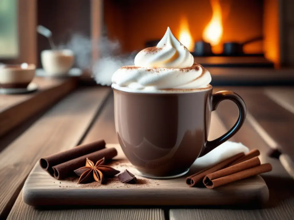Acogedora escena de cocina con chocolate caliente Beneficios de cacao caliente para el estado de ánimo: escena de cocina vintage con taza de chocolate caliente y galletas de chispas de chocolate