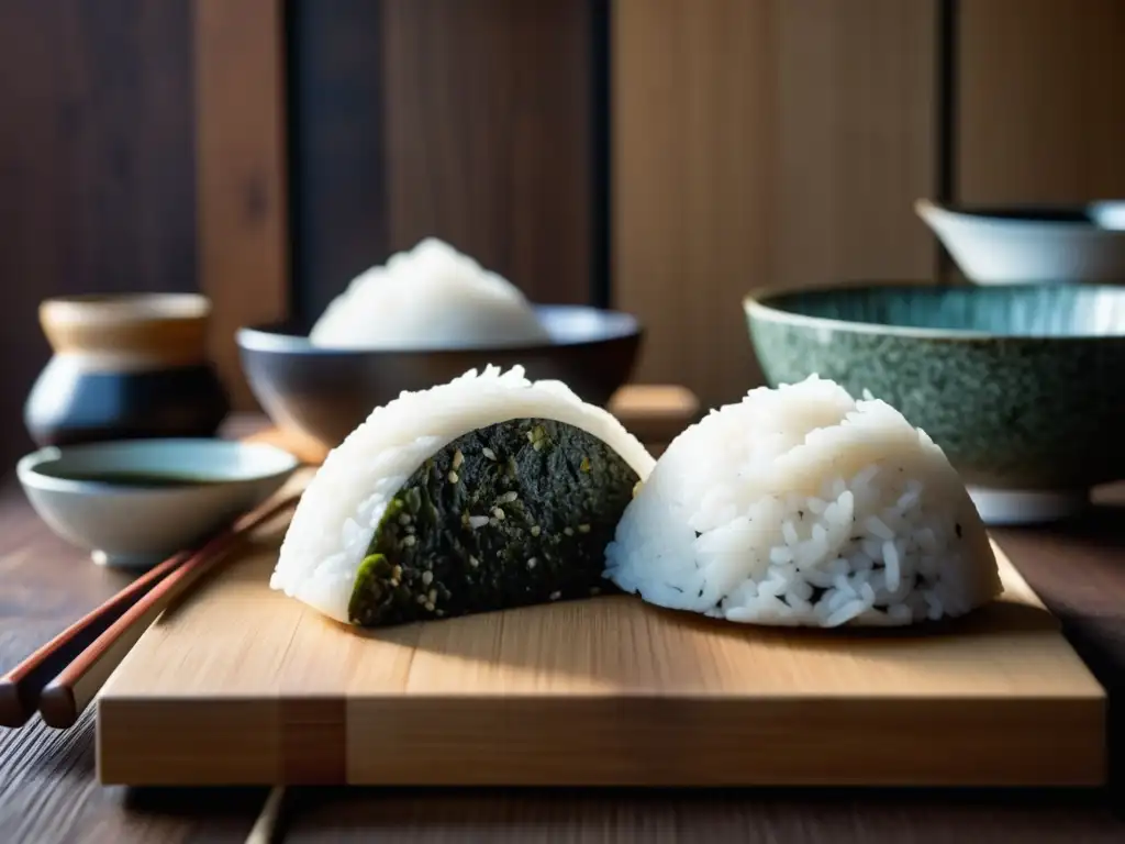 Escena de cocina japonesa tradicional Beneficios del arroz integral japonés: Cocina tradicional y nutritiva con onigiri, tamagoyaki y arroz frito