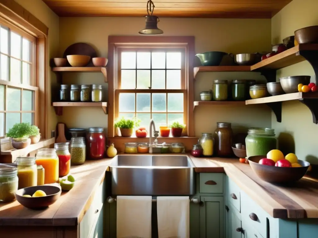 Cocina rústica llena de frutas y verduras frescas Beneficios de alimentos curativos en una cocina rústica con frutas, verduras, tarros de conservas y una sopera