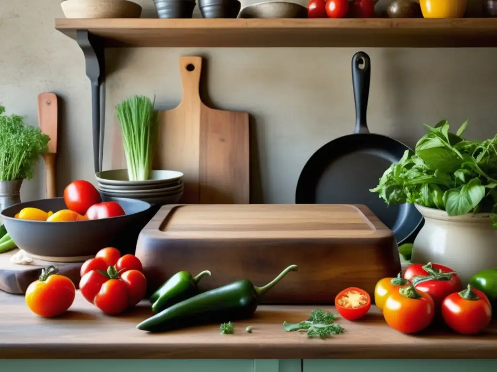 Escena cocina rústica con ingredientes tradicionales, evoca tradición y arte culinario