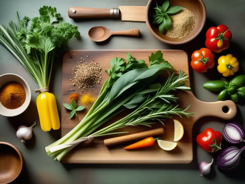 Escena rústica de cocina con ingredientes vibrantes Cocina rústica con ingredientes vibrantes, utensilios antiguos y recetas tradicionales