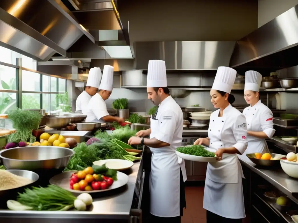 Cocina terapéutica con chefs preparando platos saludables Importancia de la gastronomía curativa actualizada en cocina con chefs y cocineros trabajando con ingredientes naturales y nutritivos