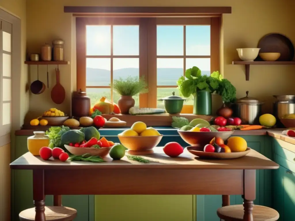 Cocina tradicional llena de alimentos curativos Alimentos curativos tradicionales: evolución literaria en una cocina vintage llena de colores y vida