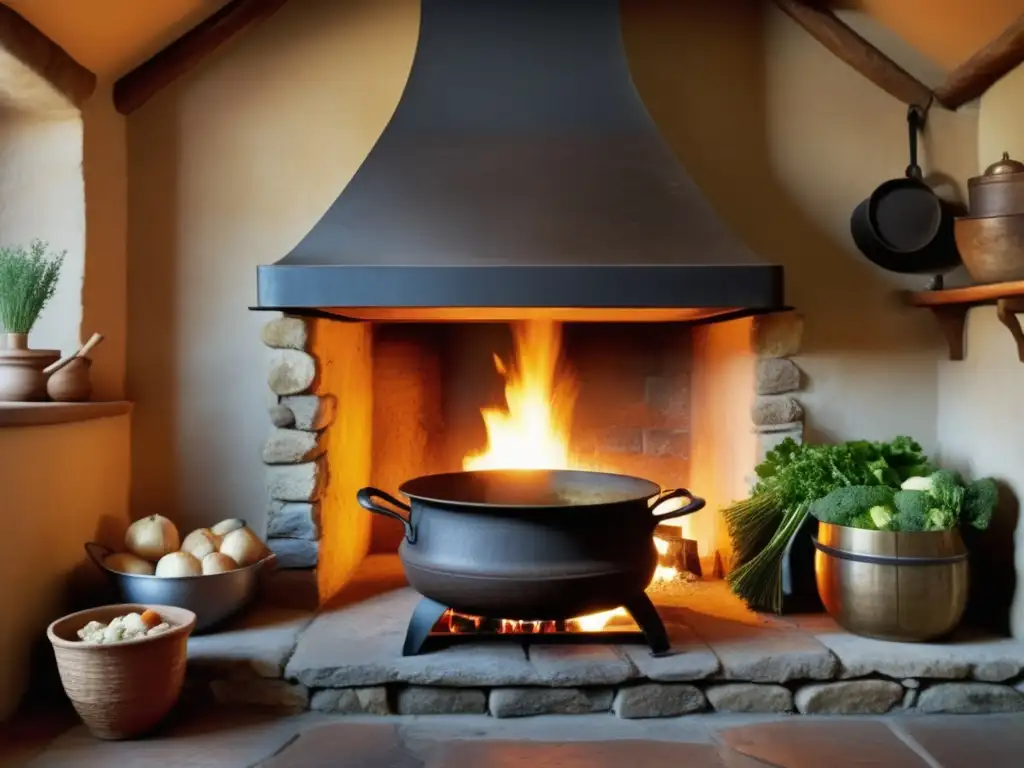 Cocina tradicional con hogar de piedra Beneficios de técnicas milenarias en recetas tradicionales: cocina vintage con fogón de piedra, caldero de hierro y hierbas aromáticas