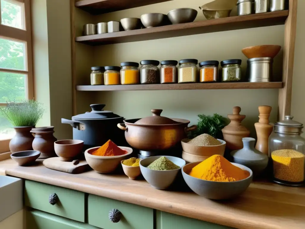 Cocina tradicional con especias coloridas y ingredientes frescos Alimentos curativos en cocina moderna con especias, hierbas y utensilios tradicionales