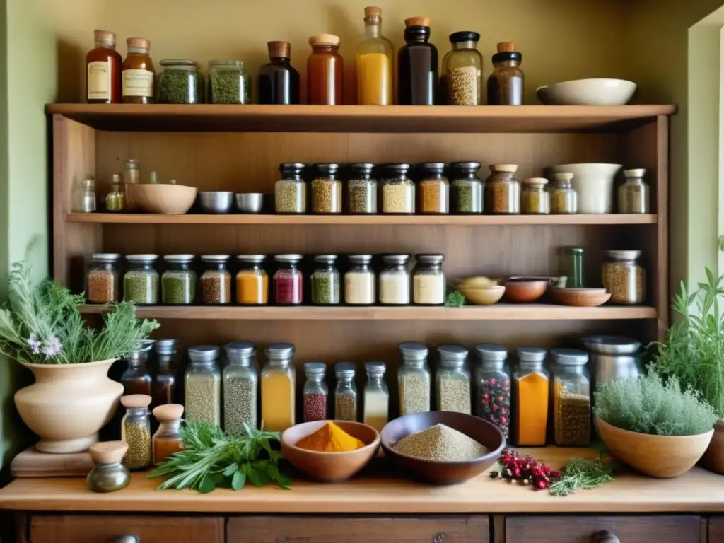 Cocina tradicional llena de ingredientes medicinales vibrantes y coloridos Cocina tradicional con ingredientes medicinales: Propiedades curativas alimentos tradicionales