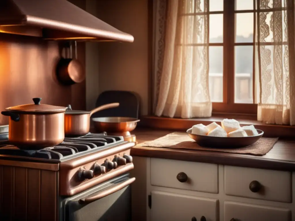Antigua escena de cocina con fogón y chocolate caliente Cocina acogedora con estufa antigua, cacao caliente y beneficios del cacao para el estado de ánimo