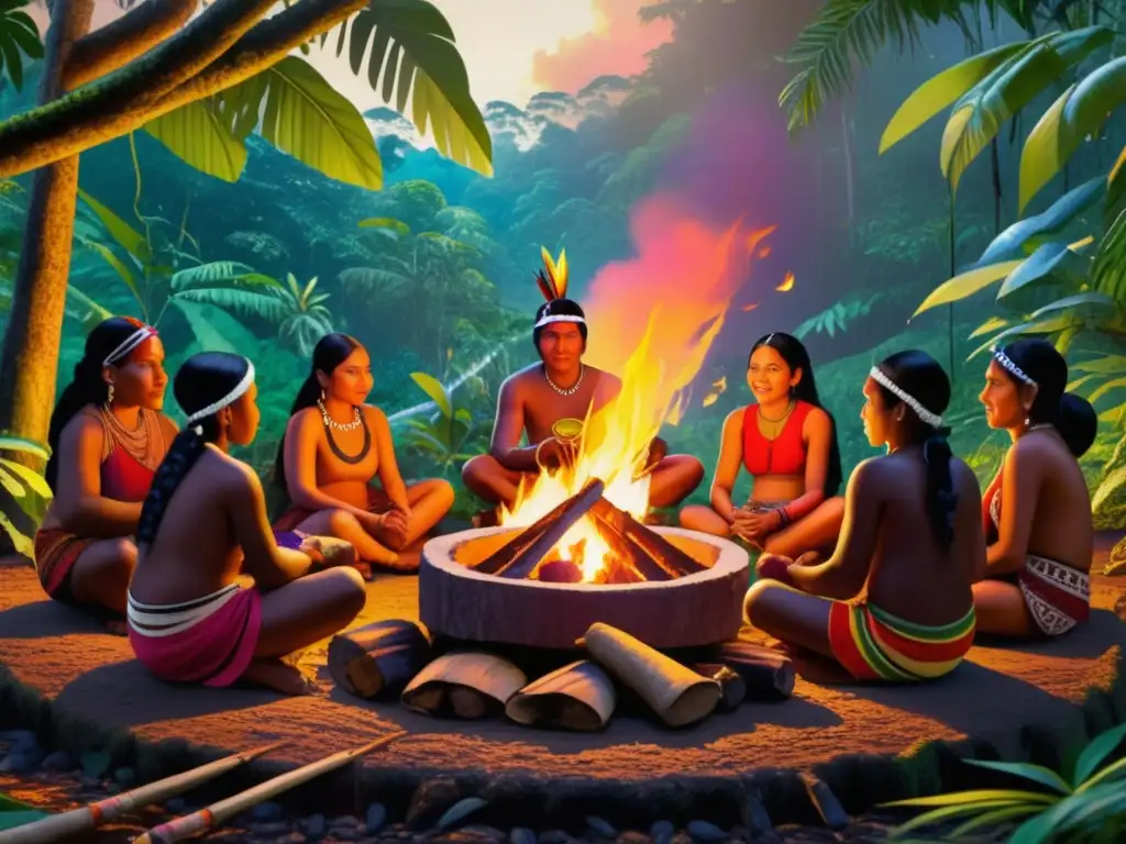 Reunión de comunidad indígena en la selva Comunidad indígena reunida alrededor de fogata tradicional en la selva: beneficios de la alimentación indígena
