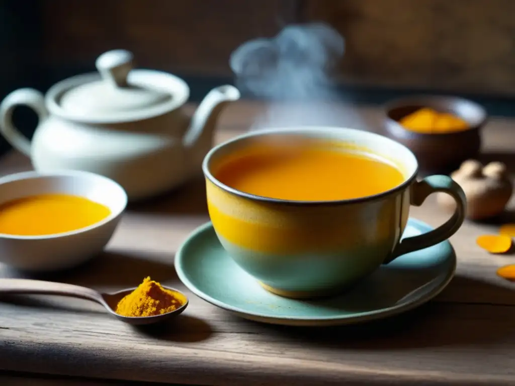 Taza de té de cúrcuma en cocina rústica Beneficios del té de cúrcuma, escena vintage de una cocina rústica con taza de cerámica y cuchara de polvo de cúrcuma