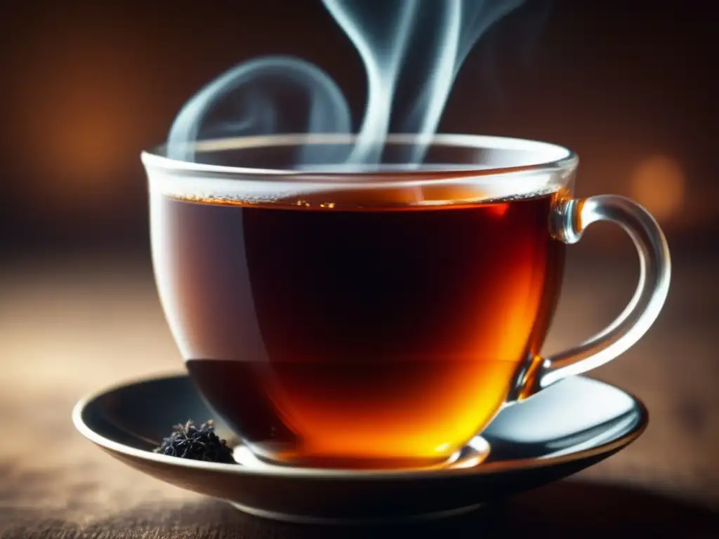 Té negro: tradición y antioxidantes Beneficios del té negro como antioxidante: taza vintage llena de té negro, con hojas y vapor, ambiente cálido y tradicional