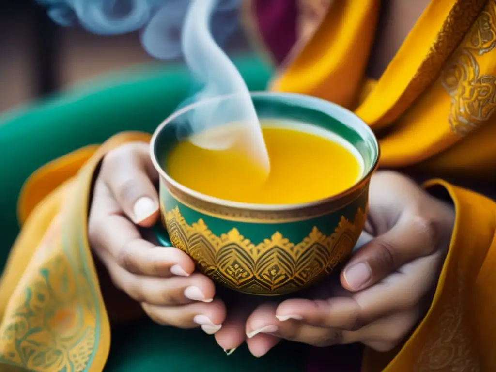 Persona sosteniendo taza de té de cúrcuma dorado Manos sosteniendo taza de té de cúrcuma dorada, con propiedades antioxidantes y antiinflamatorias