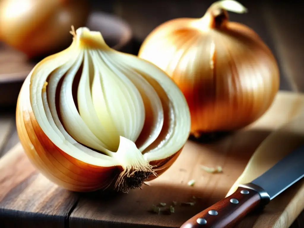 Cebolla cruda en tabla de madera Beneficios de la cebolla: capas, textura y propiedades medicinales